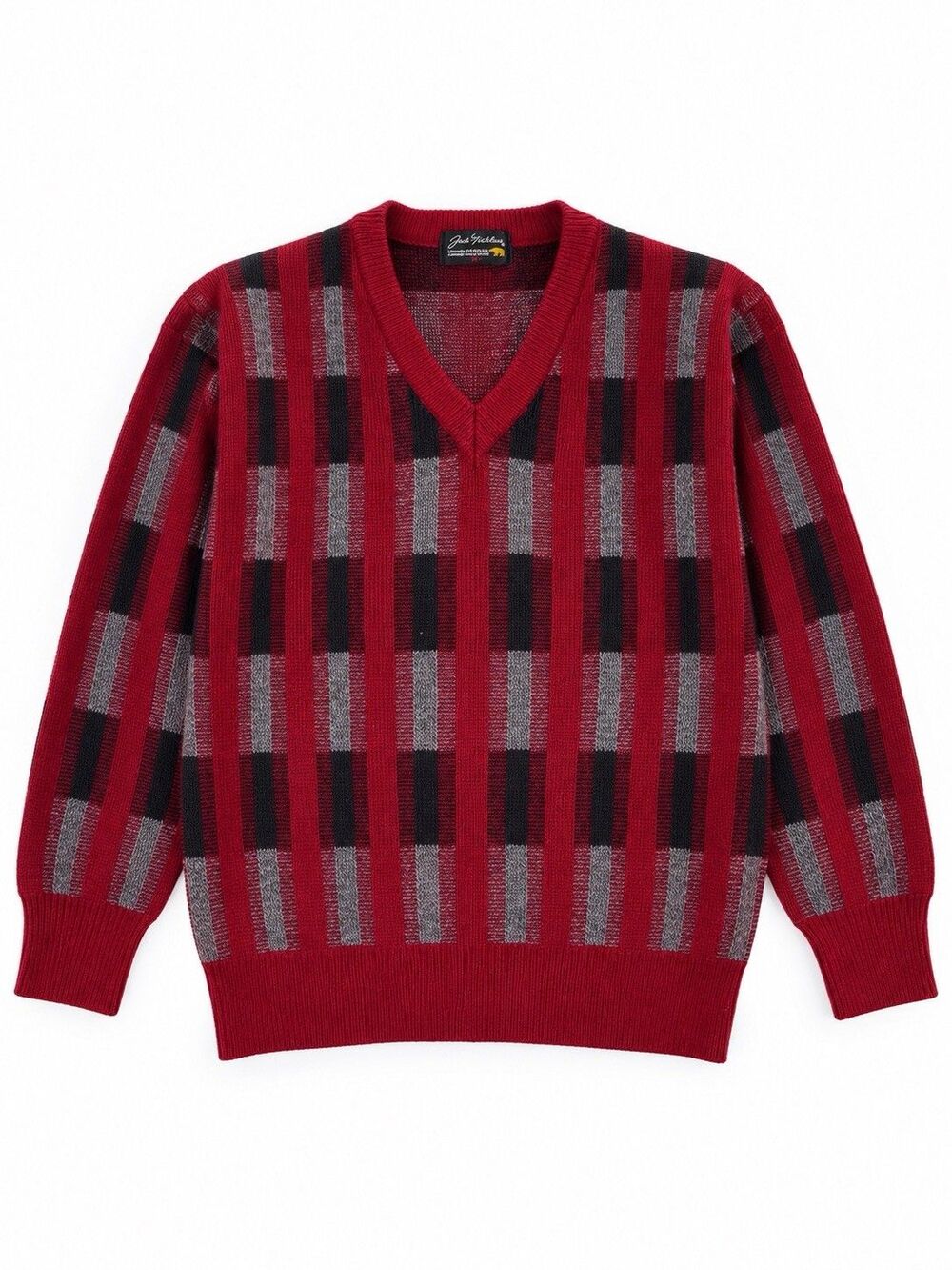 Vintage Jack Nicklaus Plaid Wool Blend V Neck Sweater Red Black Gray M Japan